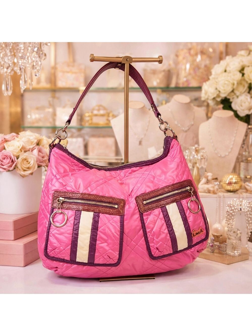 Coach Poppy Ski Bunny Bag Pink Purple Quilted Hobo Puffer Nylon Shoulder‎ Hand